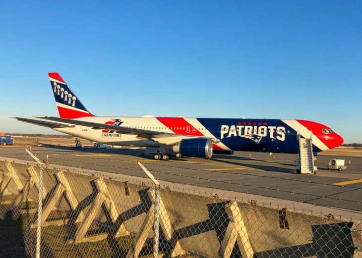 Warwick, RI / USA - 11/26/2019: The New England Patriots private jet parked at TF Green Airport