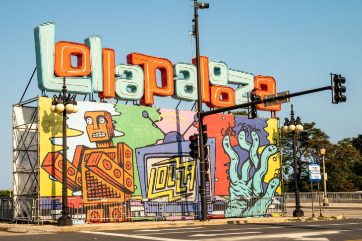 Chicago, IL - August 1, 2021: The temporary Lollapalooza sign downtown Chicago, at the entrance to Grant Park.