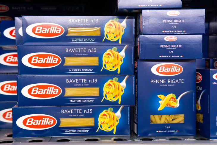 Tyumen, Russia-October 11, 2020: box of Pasta Barilla on a supermarket shelf. The Barilla group produces several kinds of pasta