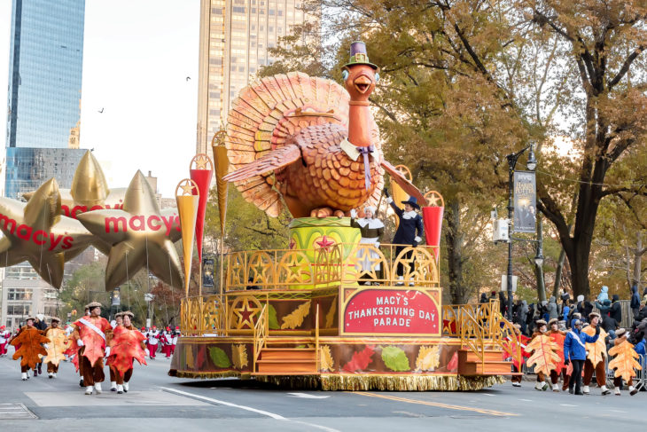 New York City, NY, USA - November 22, 2018: Turkey float in NYC with pilgrim marchers and spectators near the start of The 92th annual Macy's Thanksgiving Day Parade